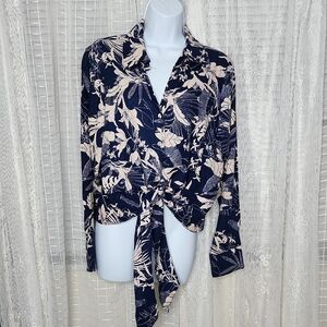 Panama Jack Navy & Cream Floral Women's Tie Front Long Sleeve Crop Top SzL